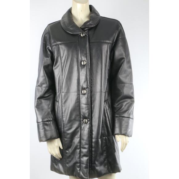 SIBYLLE LYN Black Leather Long Sleeve Button Long Coat Size M - Picture 1 of 14
